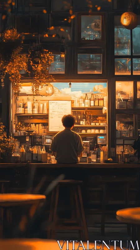 Evening Coffee Shop: Golden Hour Through Window Glass.
