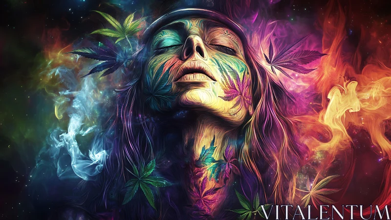 Psychedelic femme portrait merges smoke, fire, cannabis leaves.