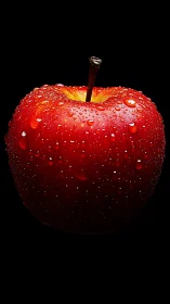 Dewy red apple glowing against a deep black backdrop.