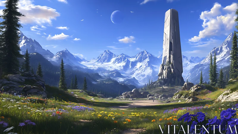 Digital landscape with monolithic sci fi tower in alpine meadow.