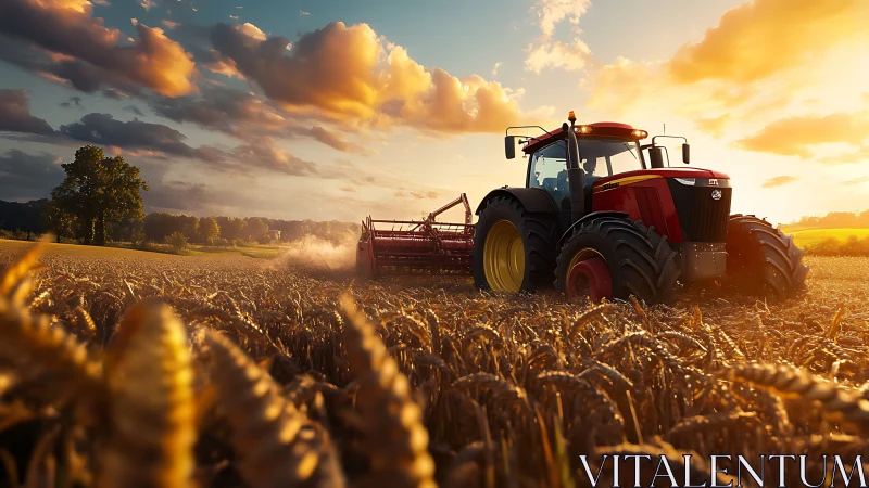 Modern red tractor harvesting wheat at golden sunset.