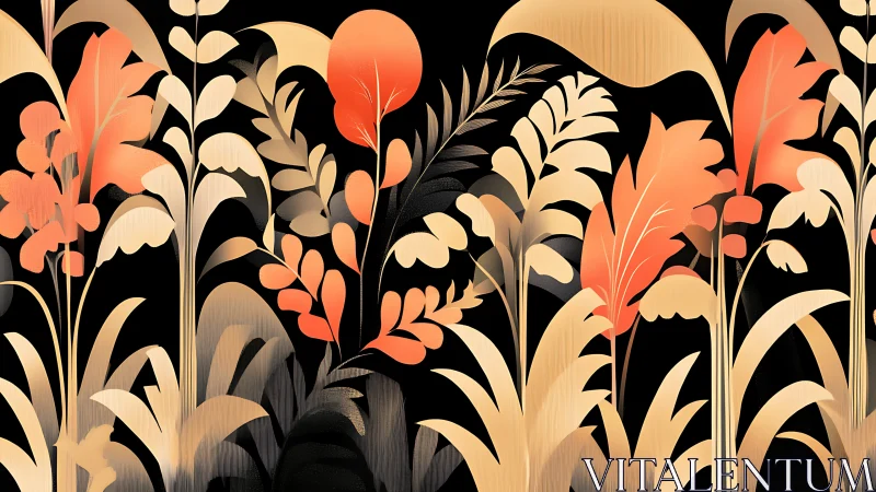 Stylized foliage glows in warm orange and gold on black.