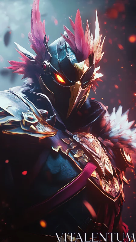 Armored avian warrior in dramatic cinematic lighting profile.