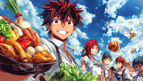 Anime culinary team presents dynamic food display in skyward view
