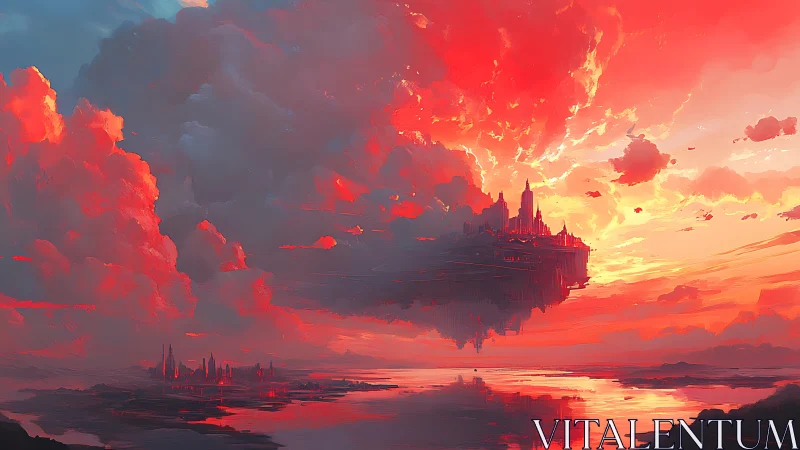 Digital painting of a floating citadel amid incandescent clouds.