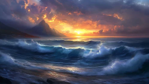 Sunlit storm waves roll toward a distant mountain coast