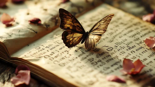 Butterfly on old handwritten book with scattered petals.
