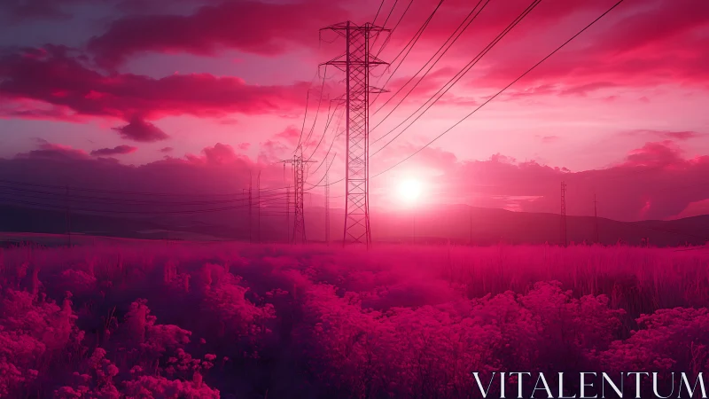 Power lines rise through neon pink fields at electric dusk