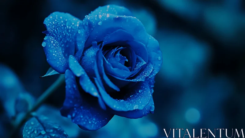 Midnight blue rose glowing softly with silver raindrops.