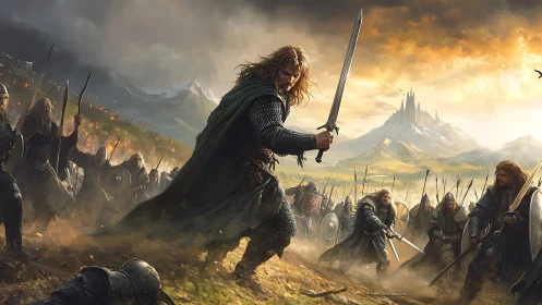 Medieval swordsman leads armored army on burning battlefield.