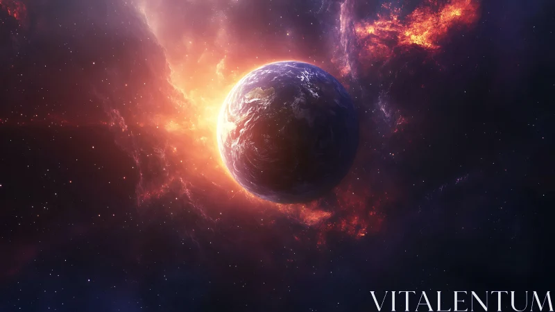 Digital painting of Earth in radiant nebular backlight composition.