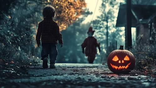 Backlit child observes glowing jack o’lantern and masked clown figure