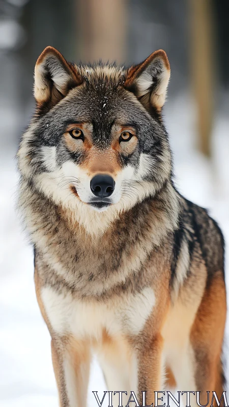 Frontal portrait of winter wolf with sharp coat detail in snow