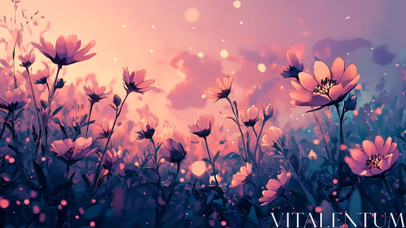 Digital painting of wildflower field with volumetric bokeh atmospheric effects
