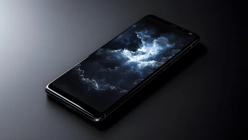 Sleek modern smartphone on dark background with cosmic-themed display.