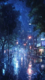 Rainy blue city street with reflections at night.