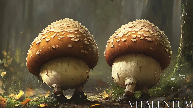 Two anthropomorphic mushrooms stand on a forest pathway