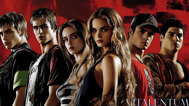 Cinematic ensemble portrait with stylized dramatic lighting.