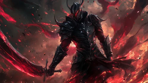 Dark armored demon knight wields blazing crimson sword.