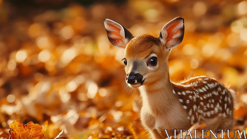Young spotted fawn standing in bright autumn leaves forest.