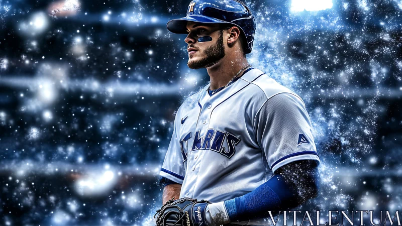 Right-handed baseball player in blue uniform amid particle glow