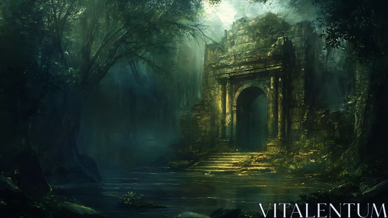 Ancient jungle gate looms over a misty, enchanted river path