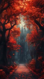 Autumn Cathedral: A Gothic Dream in Crimson Light.