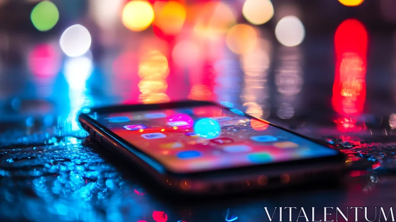 Smartphone on wet pavement reflects neon bokeh city lights sharply