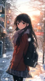 Winter street sunset with contemplative schoolgirl in scarf.