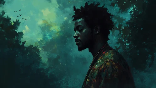 Solitary figure in teal forest glow with introspective calm.