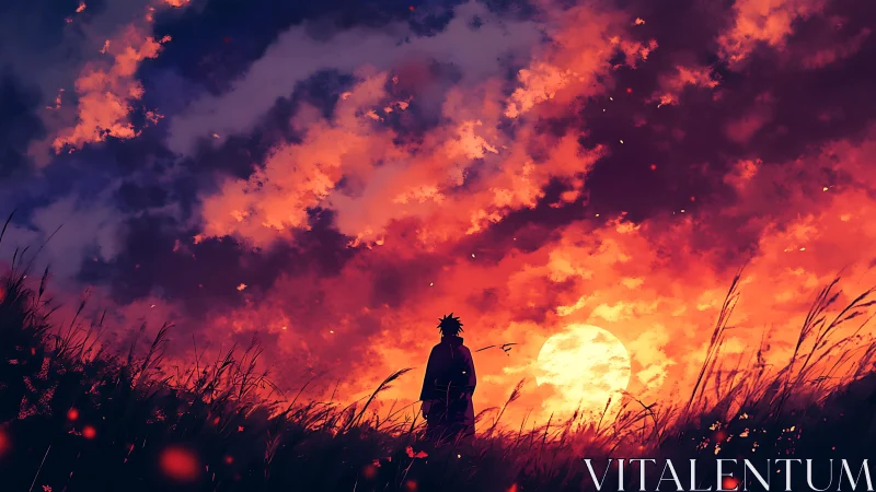 Solitary wanderer pauses beneath a blazing red twilight sky