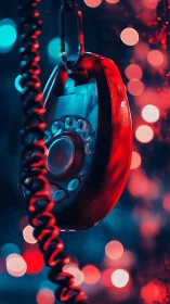 Retro rotary handset glows under neon blue and red bokeh lights
