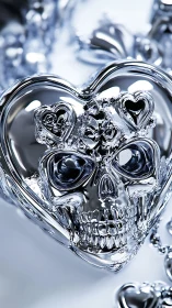 Chrome heart-skull fusion in reflective 3D sculptural rendering.