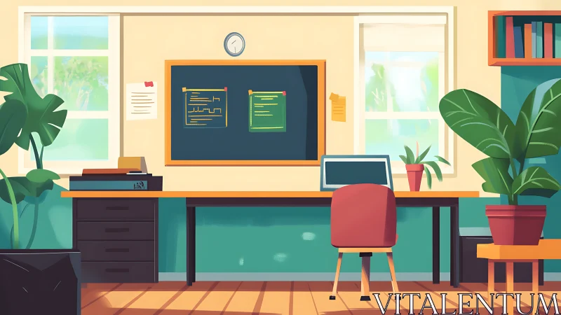 Illustrated home office desk with plants and wall board.