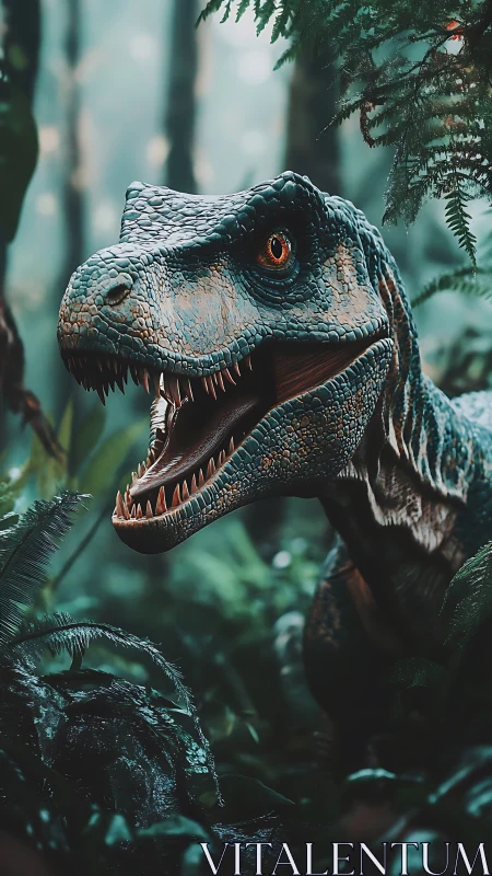Predatory dinosaur roars in misty primeval jungle scene.