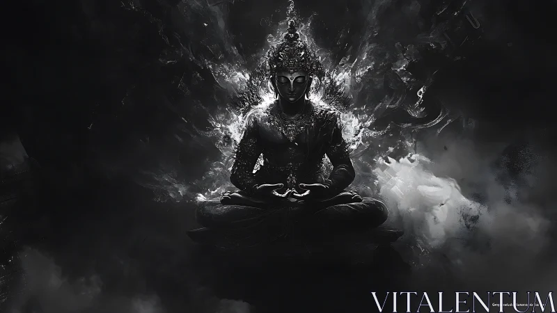 Monochrome meditative deity in swirling chiaroscuro void