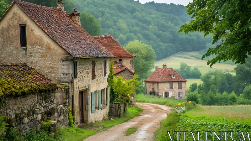 Quiet country lane lined with mossy stone cottages and fields.