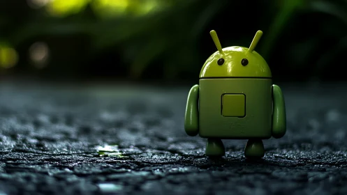 Photorealistic Android mascot on wet macro asphalt ground.