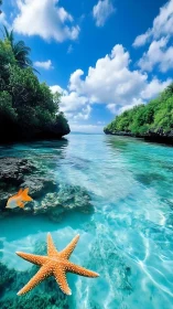Starfish drifts in crystal shallows beneath lush tropical cliffs.
