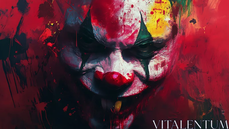 Sinister clown portrait in intense red paint textures.