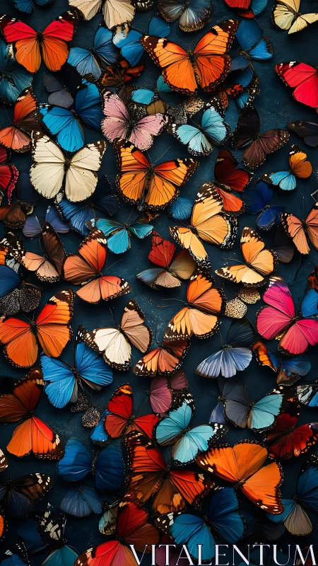 Multicolored butterfly specimen array on deep teal background