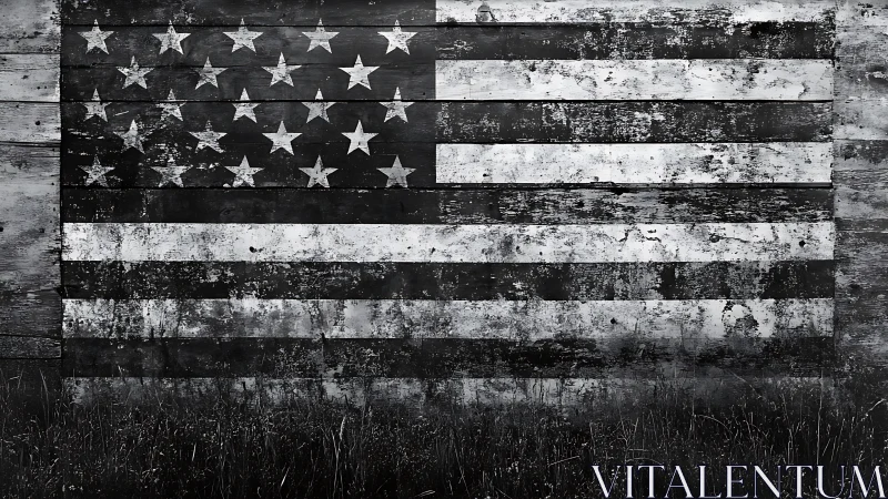 Weathered monochrome American flag covers rustic timber wall