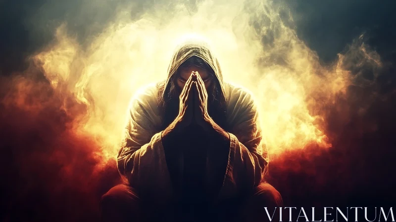 Hooded robed figure praying amid intense glowing clouds.