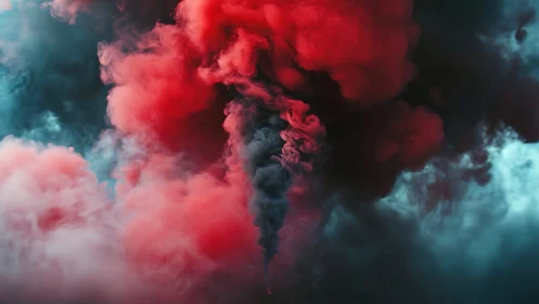 Turbulent red and cyan volumetric smoke plume dynamics.