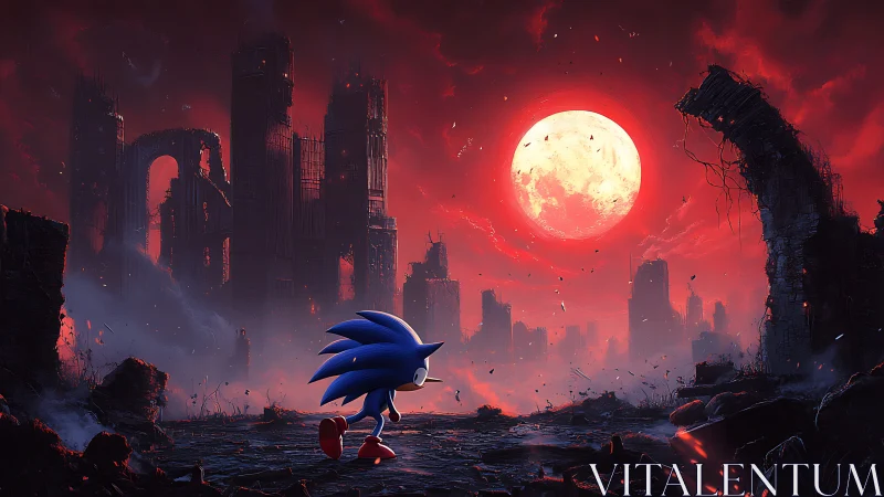 Sonic gazes at a crimson moon above a ruined, silent city