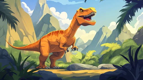 Cartoon T. rex roars inside lush prehistoric valley landscape.