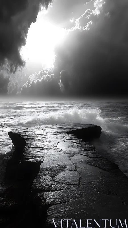 Monochrome storm surf on wet rock ledge under backlit clouds