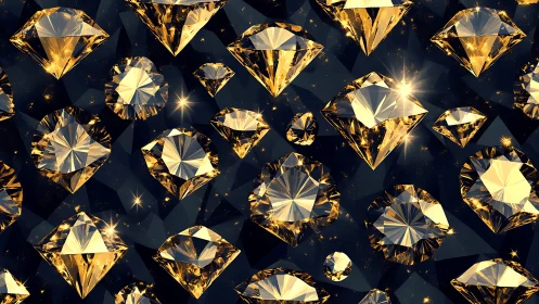 Golden faceted gemstones float on dark reflective backdrop