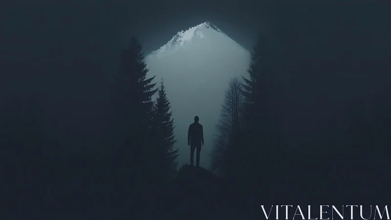 Digital painting of solitary figure before misted alpine peak.