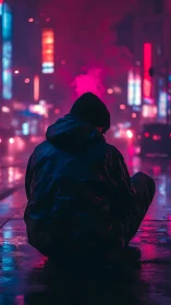 Solitary figure reflects in neon haze on a midnight city street